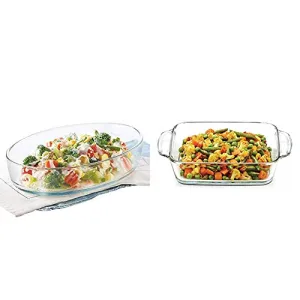 Borosil Icy22Od0116 Oval Baking Dish 1.6 Litres Transparent & Square Dish With Handle 800Ml
