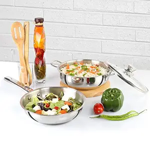 Cello Steelox Induction Compatible Stainless Steel Fry Pan & Kadai with Glass Lid 22 cm/2Ltrs (3 pcs Set)
