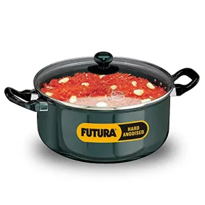 Hawkins Futura Hard Anodised Cook-n-Serve Stewpot with Glass Lid Capacity 5 Litre Diameter 24 cm Thickness 4.06 mm Black (AST50G)