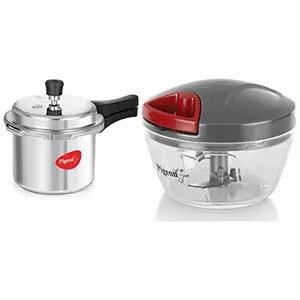 Pigeon Stovekraft Favourite Outer Lid Non Induction Aluminium Presure Cooker 3 Litres Silver + Handy Mini Plastic Chopper with 3 Blades Grey (Non Induction)