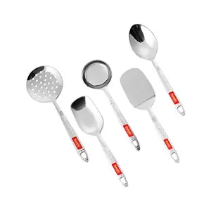 Sumeet Stainless Steel Small Serving and Cooking Spoon Set of 5pc (1 Turner 1 Serving Spoon 1 Skimmer 1 Basting Spoon 1 Ladle)