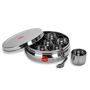 Sumeet Stainless Steel Belly Shape Masala (Spice) Box/Dabba/Organiser with 7 Containers and Small Spoon Size No. 11 (18.4cm Dia) (1.5 LTR Capacity)
