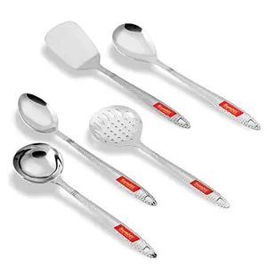 Sumeet Stainless Steel Big Serving and Cooking Spoon Set of 5pc (1 Turner 1 Serving Spoon 1 Skimmer 1 Basting Spoon 1 Ladle)