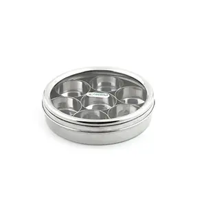Coconut Stainless Steel Masala Box/Spice Box/Condiment Box with See Through Break Resistant Acrylic lid - 8 inches Wide -[7 Cups - 80 Grams (Approx.)]