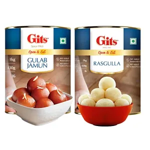 Gits Open & Eat Gulab Jamun + Rasgulla 16 Pieces Per Can Mouth-Watering Indian Mithai 2Kg (2000gram)(1Kg Gulab Jamun Tin + 1Kg Rasgulla Tin)