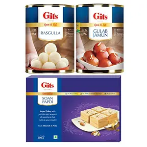 Gits Ready to Eat Desserts Combo - Gulab Jamun Tin 1Kg + Rasgulla Tin 1Kg + Soan Papdi 500g