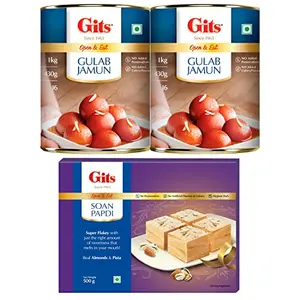 Gits Open & Eat Indian Dessert Gulab Jamun Tin 2 Kg (Pack of 2 1Kg Each ) and Soan Papdi 500g (Pack 1)
