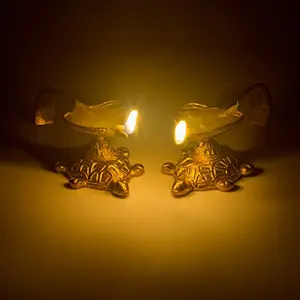 Handmade Indian Puja Brass Oil Lamp - Diya Lamp Tortoise Shaped Design Set of 2 MN-Brass_Tortoise_Diya_combo2