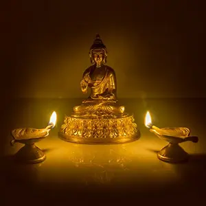 Brass Buddha Blessing Hand Statue with Leaf Shaped Lamps Height 5.5 inch MN-brass_leaf_diya_combo3