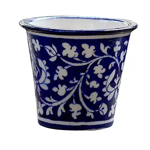 Decorative-Handcrafted and Painted Floral Planter Vase Pottery (Blue)