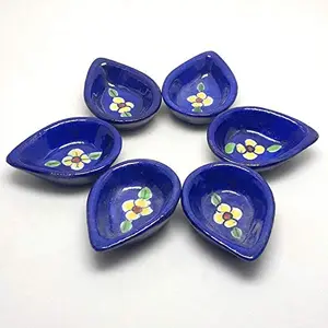 Blue Art Pottery Ceramic Traditional Handmade Decorative Dipawali/Diwali Diya/Oil Lamps for Pooja/Puja to Brighten Your Home This Diwali (Set of 6 Diyas)