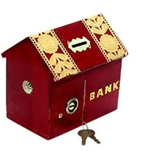 Wooden handicrafted Wooden Money Bank with Hut Shaped-Small Inside