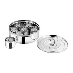 Kraft Stainless Steel Spice (Masala) Box / Dabba / Organiser with Stainless Steel Lid and Separator Plate 7 Containers and a Small Spoon Silver BPA & PFOA Free - Large