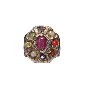 Stone Navaratna Ring For Men Silver Plated, Color- Multicolor, For Men & Boys (Pack of 1 Pc.)