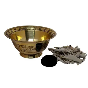Handcrafted Brass Bowl for Set Sage Burning offering bowl with a Charcoal and California White Sage