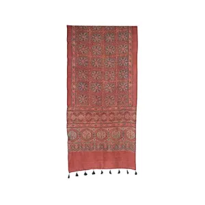 Women's Chanderi Silk Ajrakh Block Print on Chanderi Silk Natural Dye and Fumka Work STOLE EK-STL-0011 Indigo (210 56)
