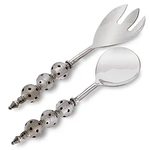 Salad Server Fork and Spoon Set of 2 Stainless Steel with Silver Round Glass-Bead Handle and Black Dots