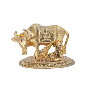 Metal Kamdhenu Cow with Calf Statue for Good Luck Spiritual Showpiece Figurine Sculpture (Gold Standard Size)