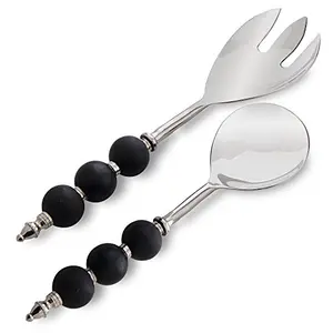 Salad Server Fork and Spoon Set of 2 Stainless Steel with Black Ceramic Bead Handle