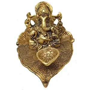 Metal Leaf and Gold Plated Ganesha Idol with Diya for Home Decor 7x9x12cm (Golden)