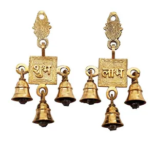 Wall Hanging Brass Bell Subh Labh Pair Gift for Diwali
