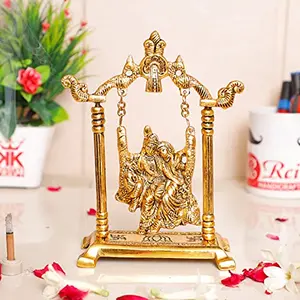 Metal Gold Plated Radha Krishna Idol on Jhula Idol Statue Showpiece Figurine for janmashtami Janmashtami jhula GiftMandir Pooja Murti (Size 7.5 x 5 Inches)