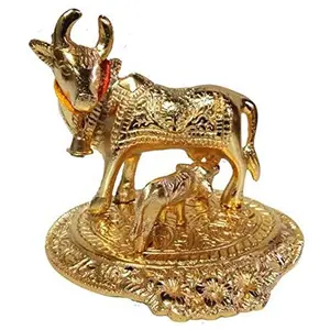 Metal Golden Kamdhenu Cow with Calf Statue