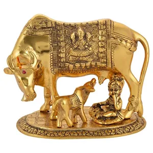 Aluminum Kamdhenu Cow And Calf With Krishna Spiritual Showpiece (20 x 14 x 18 cm Gold)