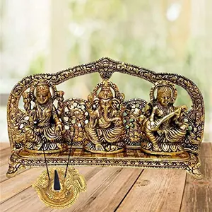 Laxmi Ganesh Saraswati Idol Gold Plated Showpiece Statute for House Warming Gift & Home Decor Congratulatory Gift Wedding Gift Return Gift