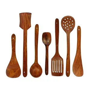 A to Z Wooden Spoons for Nonstick Cooking and Serving Pan and Spoon (Brown) - Set of 7