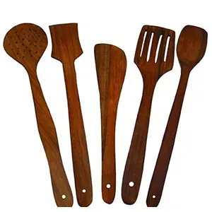 Multipurpose Non-Stick Handmade Wooden Spatulas Ladles Mixing and Turning Serving and Cooking Spoon -Set of 5