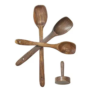 Multipurpose Serving and Cooking Spoon Set for Non Stick Baking Essentials Wooden Spatulas Ladles Mixing and turning Handmade Curve Spoon 3 Pcs Kitchen Utensils Set and Masher
