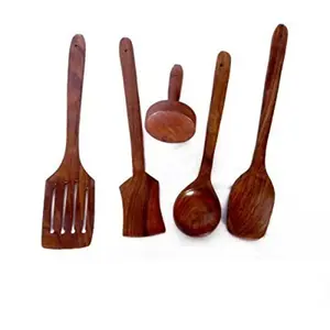 Multipurpose Serving and Cooking Spoon Set tools Essentials Wooden Spatulas Mixing and turning Kitchen Utensil Set & Masher of 5