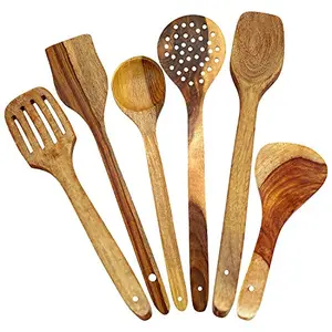 Wooden Multipurpose Serving and Cooking Spoon Spatulas Set for Non-Stick Spoon for Cooking Baking Kitchen Tools Essentials Ladles Mixing and Turning Natural No Polish Use - Set of 6