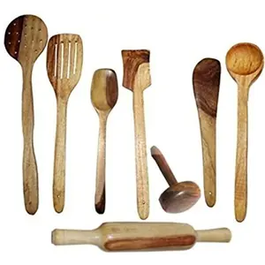 Multipurpose Serving and Cooking Spoon Set for Non Stick Spoon for Cooking Baking kitchen tools Essentials Wooden Non Stick Spatulas Wooden Spoon Set Utensil of 8 Pcs/ Wooden Spatula Ladle & Kitchen Tools Set