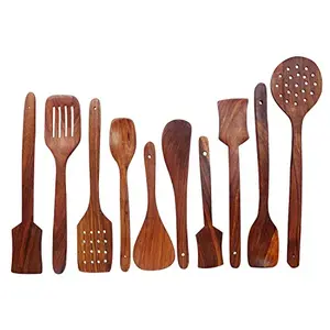 A to Z Wooden Non Stick Multipurpose Serving and Cooking Spoon (Brown)-Set of 10