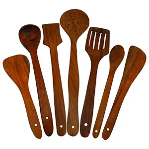 Natural Sheesham Wood Spoon Set of 7 | Non Stick Safe Cocking 2 Frying 1 Serving 1 Spatula 1 Chapati Spoon 1 Desert 1 Rice | Size- Large