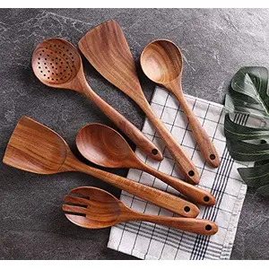 Handmade Wooden Non-Stick Serving and Cooking Spoon Kitchen Tools Utensil Set of 6
