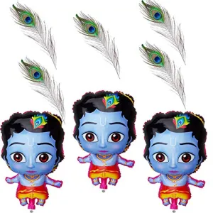 18" Multicolour 3 Pcs Little KrishnaKanhaBal Gopal Foil Balloons With 10 Pcs Peacock Feather For Krishna Theme Party Decoration (Krishna Theme 2)