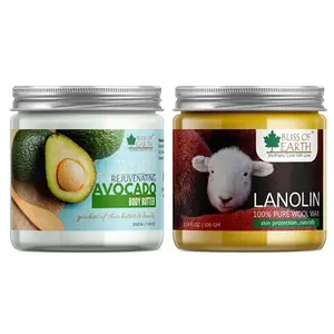 Bliss of Earth Combo Of Avocado Body Butter For Rejuvenating Skin And Pure Golden Lanolin Natural Wool Wax for Soothing Sore Nipples (100gm) Pack Of 2