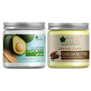 Bliss of Earth Combo Of Rejuvenating Avocado Body Butter (200gm) With Goodness of Shea Butter For Tired Looking Skin And 100% Pure Organic Raw Cocoa Butter (200GM) Great For FaceBody(Pack Of 2)