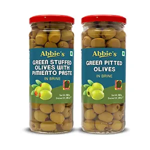 Green Stuffed Olives + Green Pitted Olives 450g Pack of 1 Each Product of Spainfor Authentic Taste in Cooking Snacking Pizza toppings or Italian Pasta Ingredient