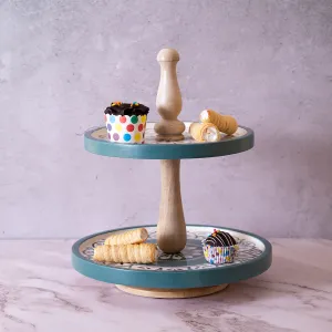 Handpainted Wooden 2 tier Cake Stand, 14 Inch