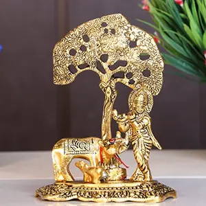KridayKraft Kamdhenu Cow with Krishna Standing Under Tree Plying Flute Metal Statue (12 X 8 X 17 cm Gold)