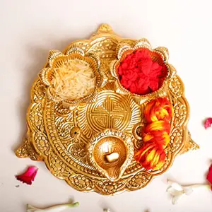 Kridaykraft Metal Pooja Thali with Diya for Pooja Home/Temple/MandirDecorative Showpiece Pooja Thali Set for Diwali Poojan Wedding Gift Article