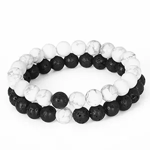 Black and White Crystal 8 mm Lava and Howlite Stone Yoga Couple Bracelet 2-Pieces for Men and Women