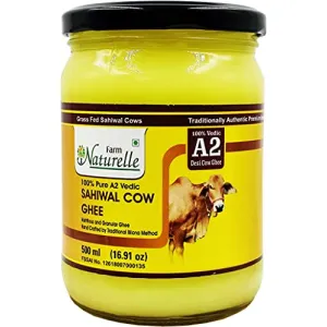 Farm Naturelle -A2 Cow Ghee frGrass Fed Desi Sahiwal Cow's Milk Made frCurd by Vedic Bilona Method-Golden  Grainy & Aromatic  Glass Jar -500ml