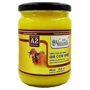 Farm Naturelle -A2 Cow Ghee frGrass Fed Desi Gir Cow's Milk Made frCurd by Vedic Bilona Method-GoldenGrainy & Aromatic Glass Jar-500ml
