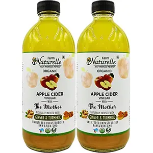 Farm Naturelle Organic Apple Cider Vinegar with Mother and Apple Cider Infused Ginger and Turmeric (500 ml x 2 ) Pack of 2