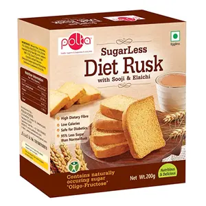 POLKA Sugar Less Diet Rusk With Suji & Elaichi - Pack Of 1 - 200 g I High Fibre Digestive Biscuits Rusk I Sugar Free Snacks Substitute I Diet Snacks I Diabetic snacks I Good For You food items Toast